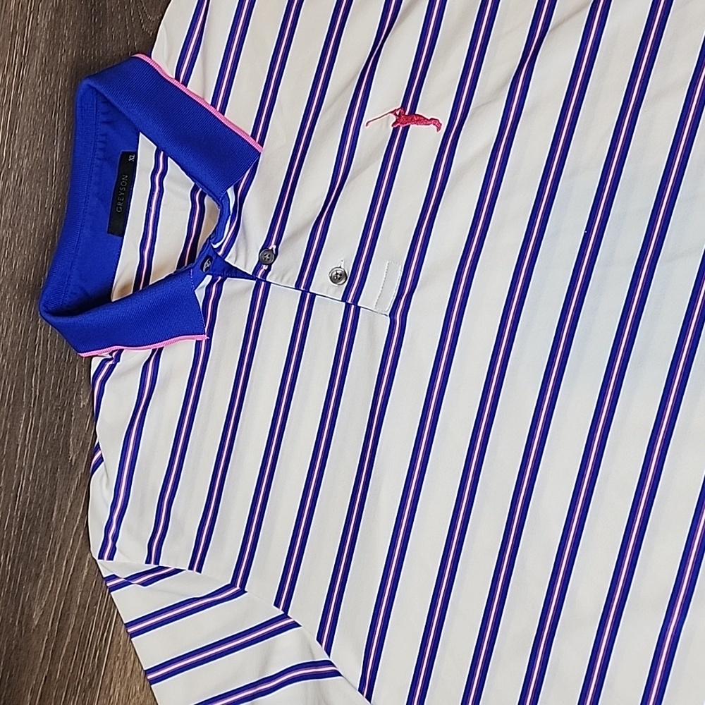 GREYSON Men's XL Golf Polo Shirt White Blue and Purple Stripe